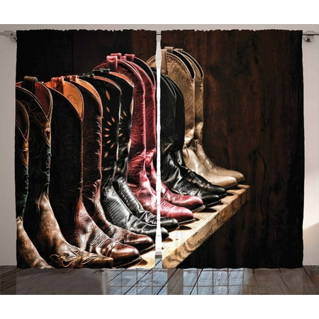 Western Decor Curtains 2 Panels Set, Various Type of Embellished Rodeo Fancy Cowgirl Leather Boots Collection Image, Window Drapes for Living Room Bedroom, 108W X 90L Inches, Brown, by Ambesonne