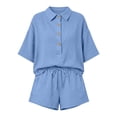 thumbnail image 7 of Women 2 Piece Linen Short Sets 2026 Summer Vacation V Neck Short Sleeve Beach Outfits Oversized Button Casual Suits Light Blue L, 7 of 7