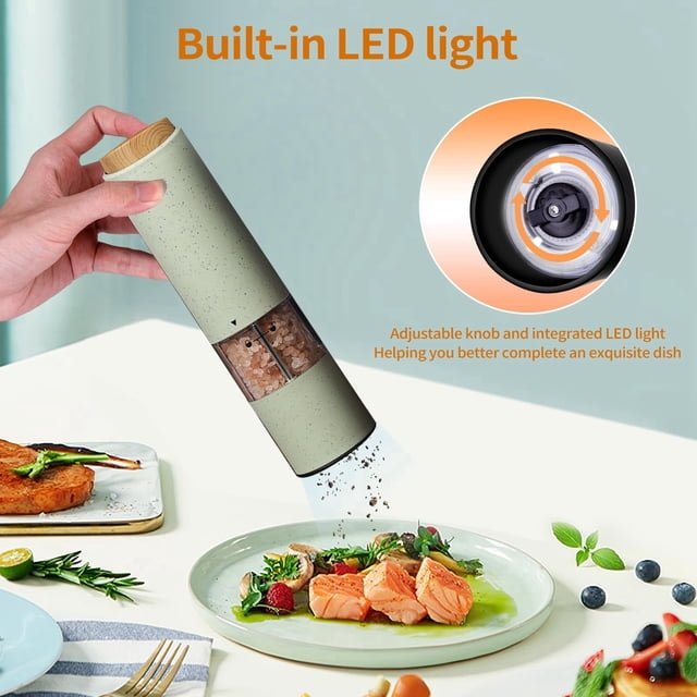 Pepper Grinder Automatic Operation Pepper Mill With Adjustable Coarseness Battery Powered LED Light One Hand Operation Vintage Kitchen Items Hand Mixer 5 Speed Appliances Stainless Steel Kitchen Aide