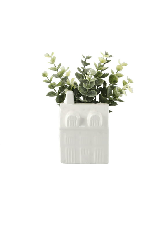 Mainstays 3" Tabletop Artificial Baby Eucalyptus in Ceramic House Planter, White