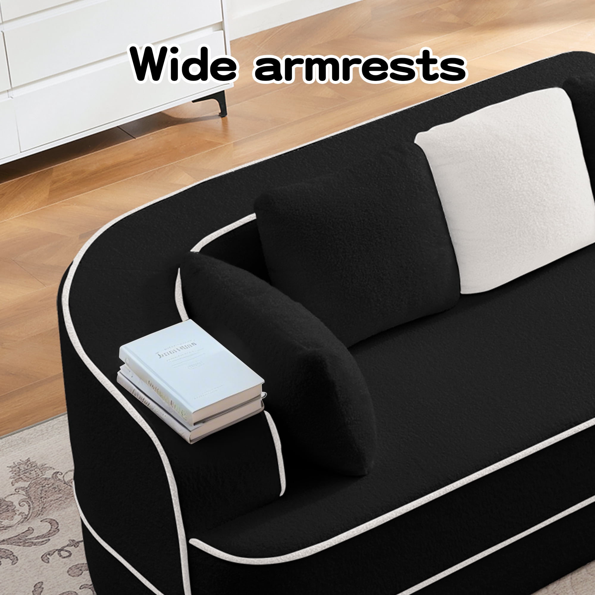 106" Teddy Fabric No Assembly 32D Boneless Sofa,Contrast color design,Fluffy Comfy Couch with L-Shaped Chaise,for Living Room,Black