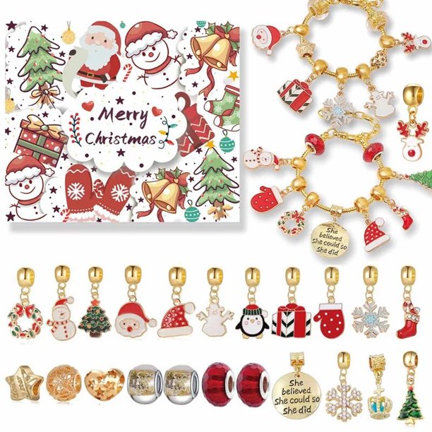Calendario de Adviento de Navidad para niñas, cuenta regresiva de 24 días, pulsera DIY, caja ciega, 22 cuentas, fácil de instalar