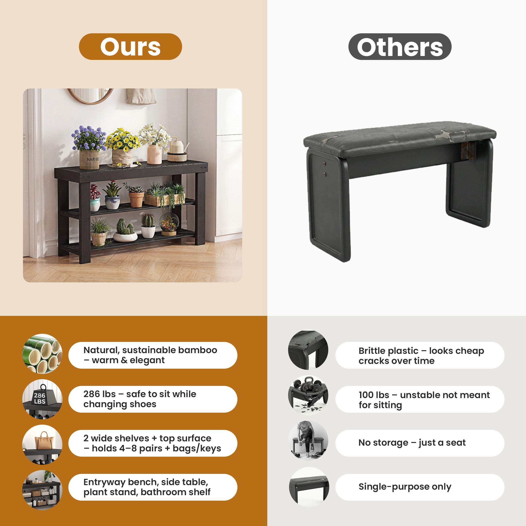 CONCETTA 27-In Bamboo Shoe Rack & Bench, 3-Tier 280 lb Capacity Storage Organizer for Entryway, Living Room, Balcony, Black