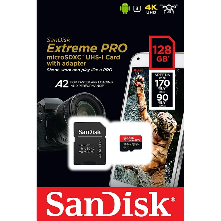 SanDisk Extreme 128 GB microSDXC Memory Card + SD Adapter with A2 App  Performance + Rescue Pro Deluxe, Up to 160 MB/s, Class 10, UHS-I, U3, V30 ,  Red/Gold : : Informatique
