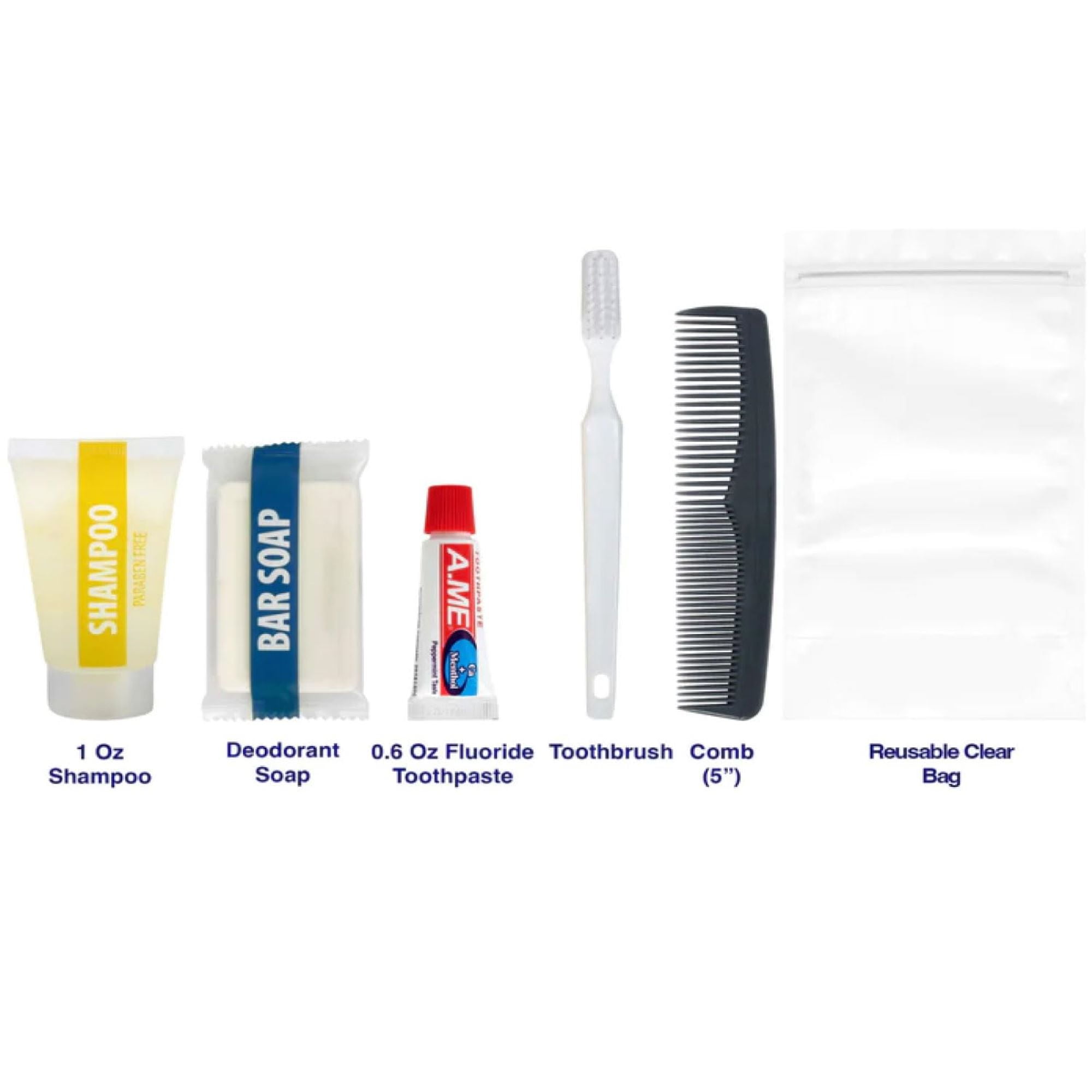 96 Pack of Bulk Wholesale 6 Piece Travel Size Hygiene Toiletry Kits Containing Shampoo, Bar Soap, Toothbrush, Toothpaste, and Hair Comb for Homeless Charity Donation