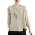 thumbnail image 2 of Maoxin Women's 3/4 Sleeve Tops Women's Cotton And Linen Printed Spring And Summer Casual Three Quarter Sleeve 3/4 Sleeve V Neck Top/Shirt 3/4 Sleeve T Shirts for Women Beige 3XL, 2 of 5