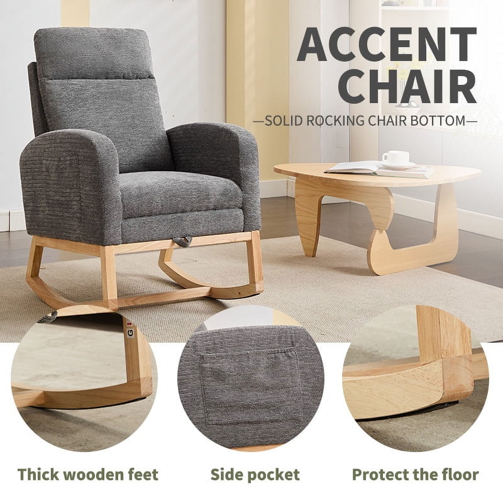 Outdoor Rocking Chairs Modern Accent Rocking Chair Rocking Chair with Solid Wood Legs, Upholstered Nursery Glider Rocker, Comfy Armchair with Side Pocket, Living Room Lounge Arm Chair with High Back