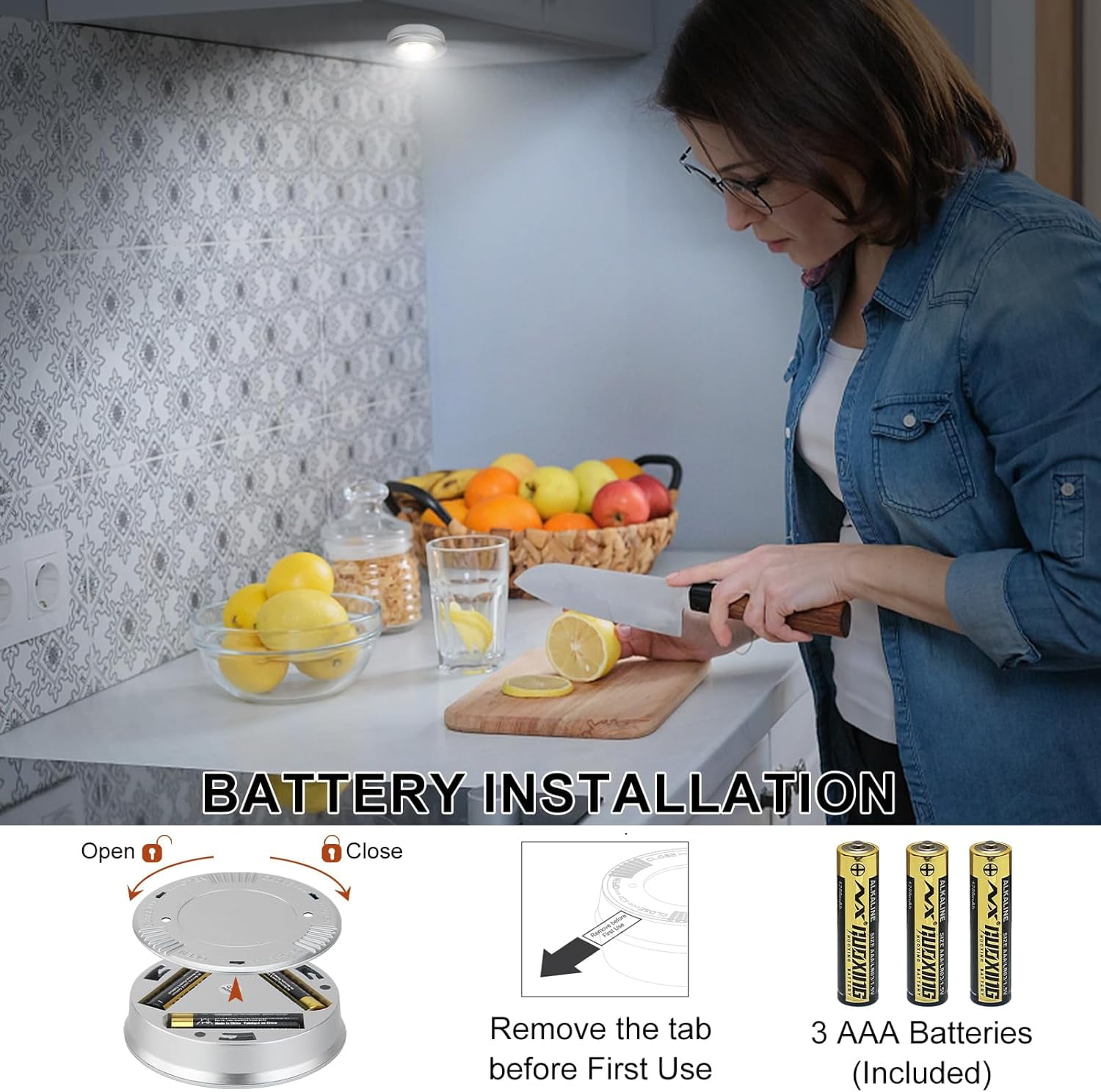 RGHJAR-Wireless LED Puck Lights, Touch Activated Tap Ligh Push Light, Battery Operated Stick On Lights for Under Cabinet, Kitchen, Closet & Counters, 3-Pack, Silver (Included 3AAA Batteries)