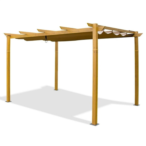 Pinypikaka 13x9 ft Outdoor Pergola, Aluminum Gazebo With Retractable Canopy for Patio Garden Yard, Yellow Brown