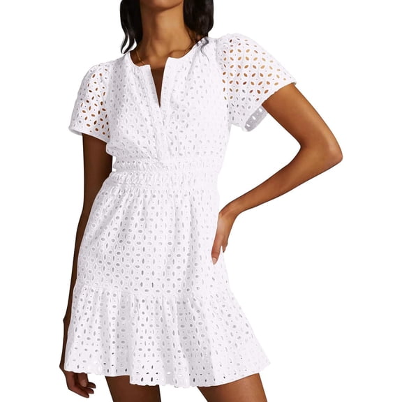 AURA Womens 2026 Summer Short Dress V Neck Short Sleeve A Line Hollow Out Lace Ruffle Cute Casual Beach Party Dresses