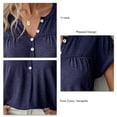 thumbnail image 5 of Short Sleeve Blouse Button V Neck Pleated Design Pure Color Casual Women Summer Top for Office Daily Shopping Navy Blue XL, 5 of 6