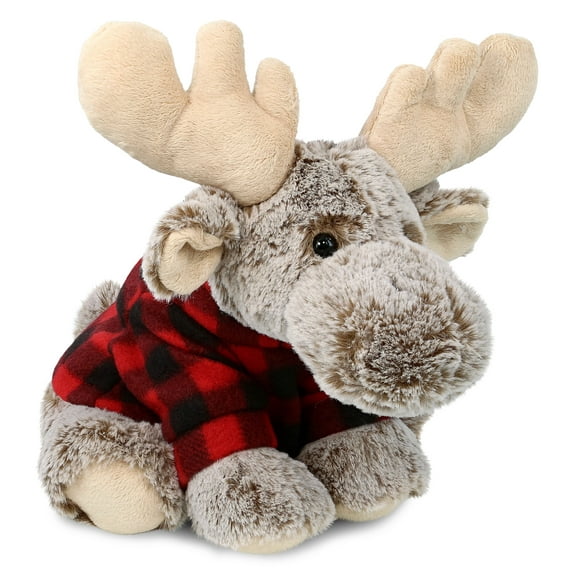 DolliBu Super Soft Floppy Moose Stuffed Animal with Plaid Red Hoodie Sweater - Cute Moose Plush Lumberjack Stuffed Toy with Plaid Jacket Dress Up for Christmas, Holiday, Winter - 12 Inches