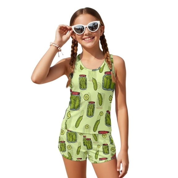 Psesaysky Green Pickle Girls Round Neck Tankini Swimsuit 2 Piece Modest Bathing Suit for Teens Hawaiian Beach Sport Size 6-15
