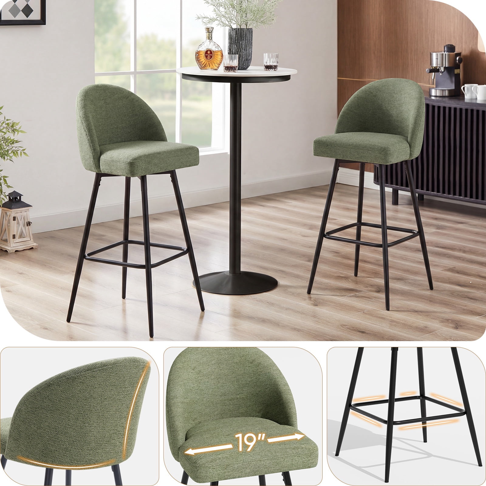 JULY'S SONG Counter Height Bar Stools with Back Sets of 4, 360°Swivel Upholstered Barstools with Metal Legs, 27" Seat Height Bar Stool for Kitchen Island, Green