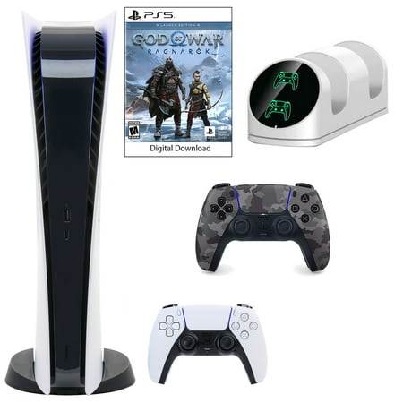 Sony PlayStation 5 Digital GOW Console with Extra Gray Camo Dualsense Controller and Dual Charging Dock