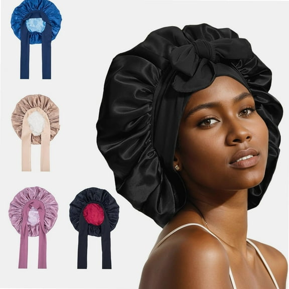 Satin Bonnet Silk Bonnet Hair Bonnet for Sleeping Double Layer Hair Bonnet with Elastic Tie Band for Women Natural Curly Hair(Pink,black,blue，Brown)