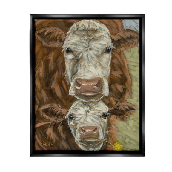 Stupell Industries Cattle and Calf Gazing Animals & Insects Painting Black Floater Framed Canvas Art Print Wall Art, 17 x 21