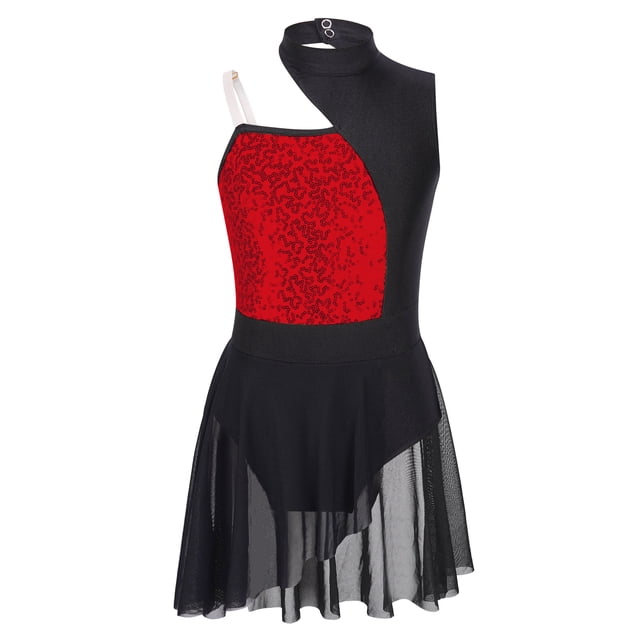 YONGHS Robe de Danse Ballet Moderne Col Montant Découpé Dos Lyrique pour Filles Rouge 6