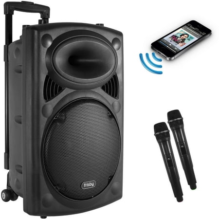 Frisby FS-4050P Portable Rechargeable Bluetooth Karaoke Machine PA Speaker System w/ Telescoping Handle & Wheels w/ 2 Wireless Microphones, FM Radio, USB SD Slots for Parties &