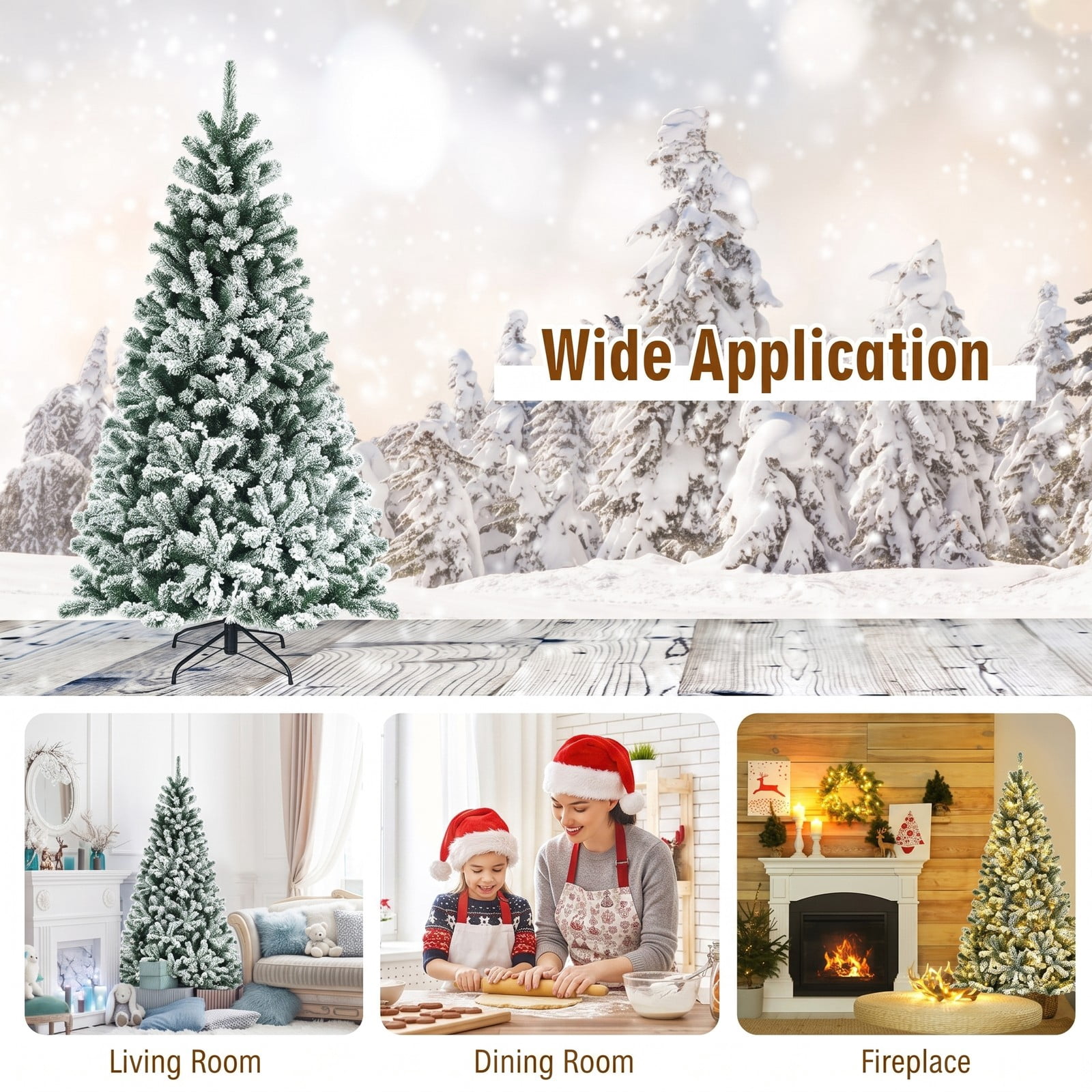 RUIE 6 FT Pre-Lit Snow Flocked Christmas Tree, Artificial Hinged Xmas Tree with 928 Branch Tips, 650 Warm White LED Lights and Foldable Metal Stand for Holiday, Green