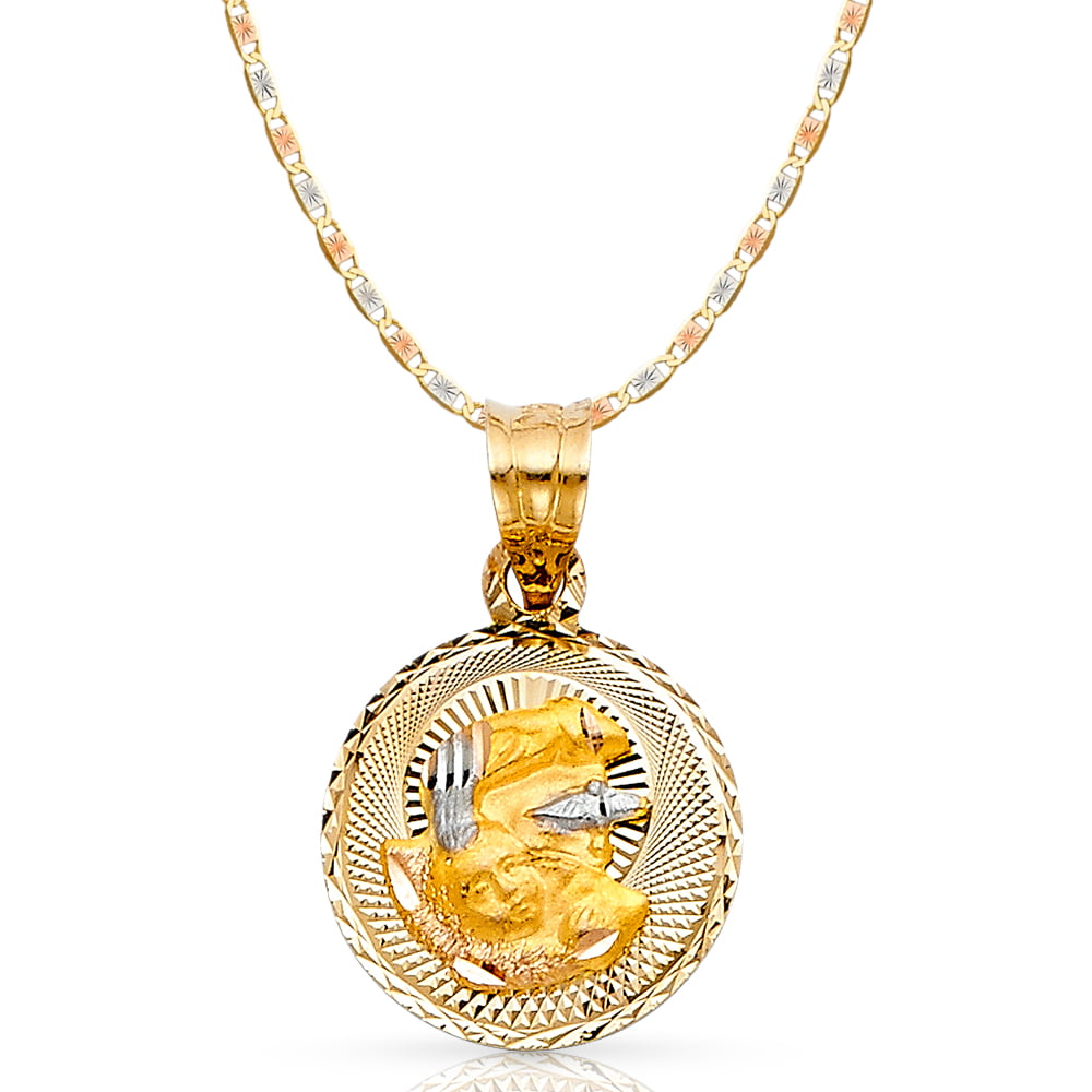 14K Tri Color Gold Baptism Religious Charm Pendant with 0.8mm Box Chain Necklace