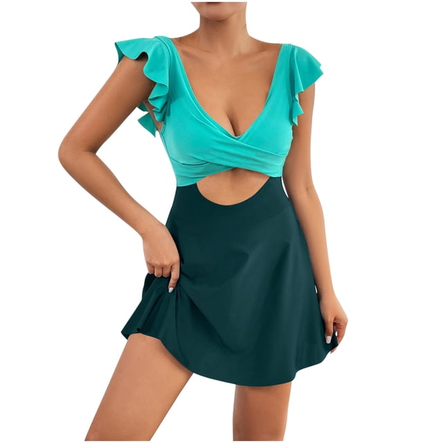Women's Full Coverage One Piece Swimsuit Cut Out Ruffle Swimwear Tummy Control Bathing Suit Colorblock Swim Dress