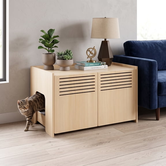 Modern Wooden Cat House with Scratching Pad, Cat Litter Box Enclosure, Spacious Hidden Cat Litter Box