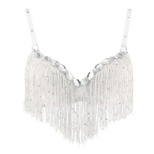 Sujetador de danza del vientre Sunnimix para mujer Sparkle Lentejuelas Borla Blanco