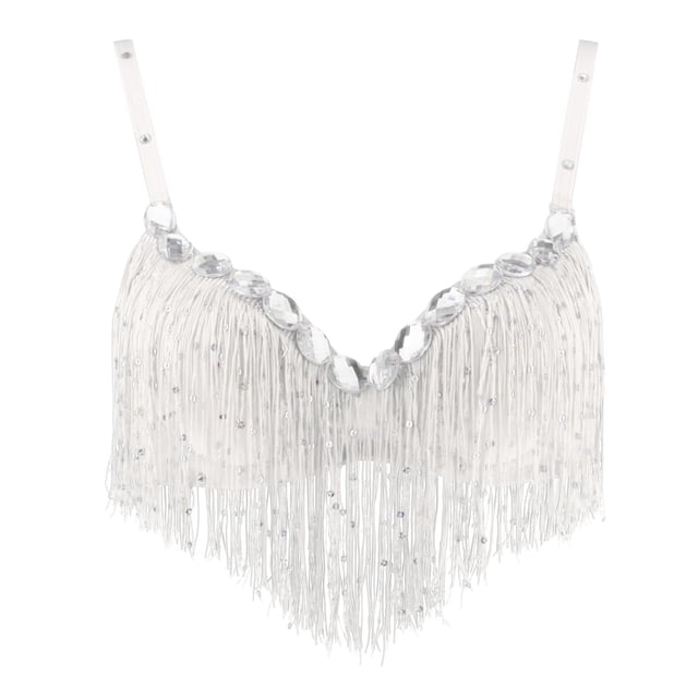 Sujetador de danza del vientre Sunnimix para mujer Sparkle Lentejuelas Borla Blanco