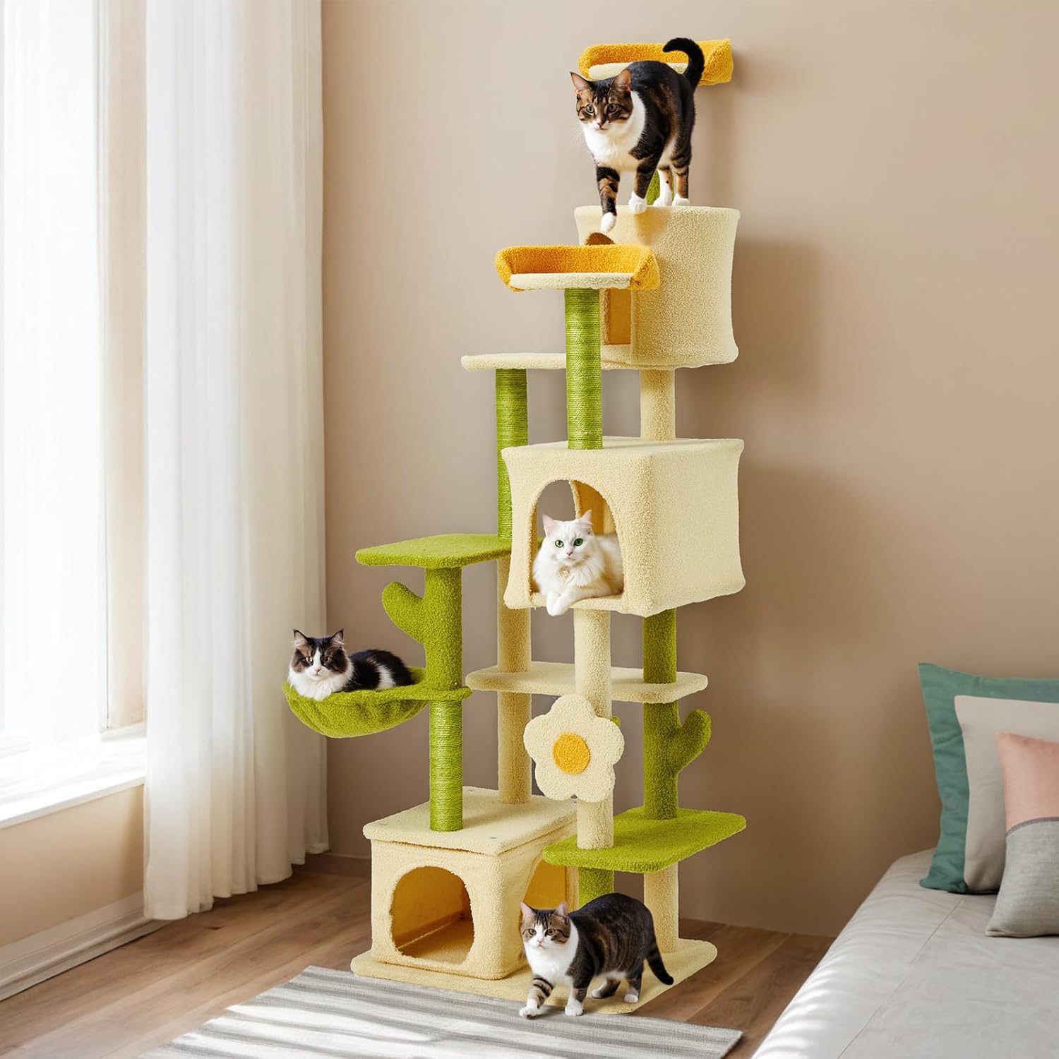 Flower Cat Tree, 69.1 Inches Cat Tower for Indoor Kitties Large Adult, Multi-Level Kitty Tower with Scratching Post, Condos, Top Perches, Furniture for Pet Activity Center
