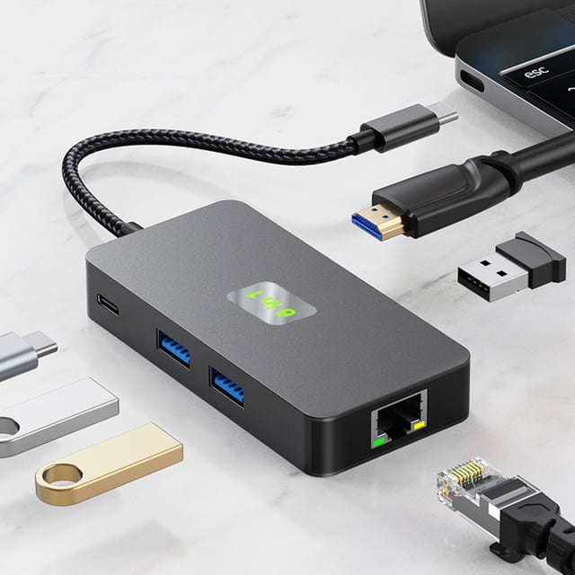 6 en 1 USB C Hub Gigabit Ethernet adaptador multipuerto USB C Dock para ordenador portátil y PC