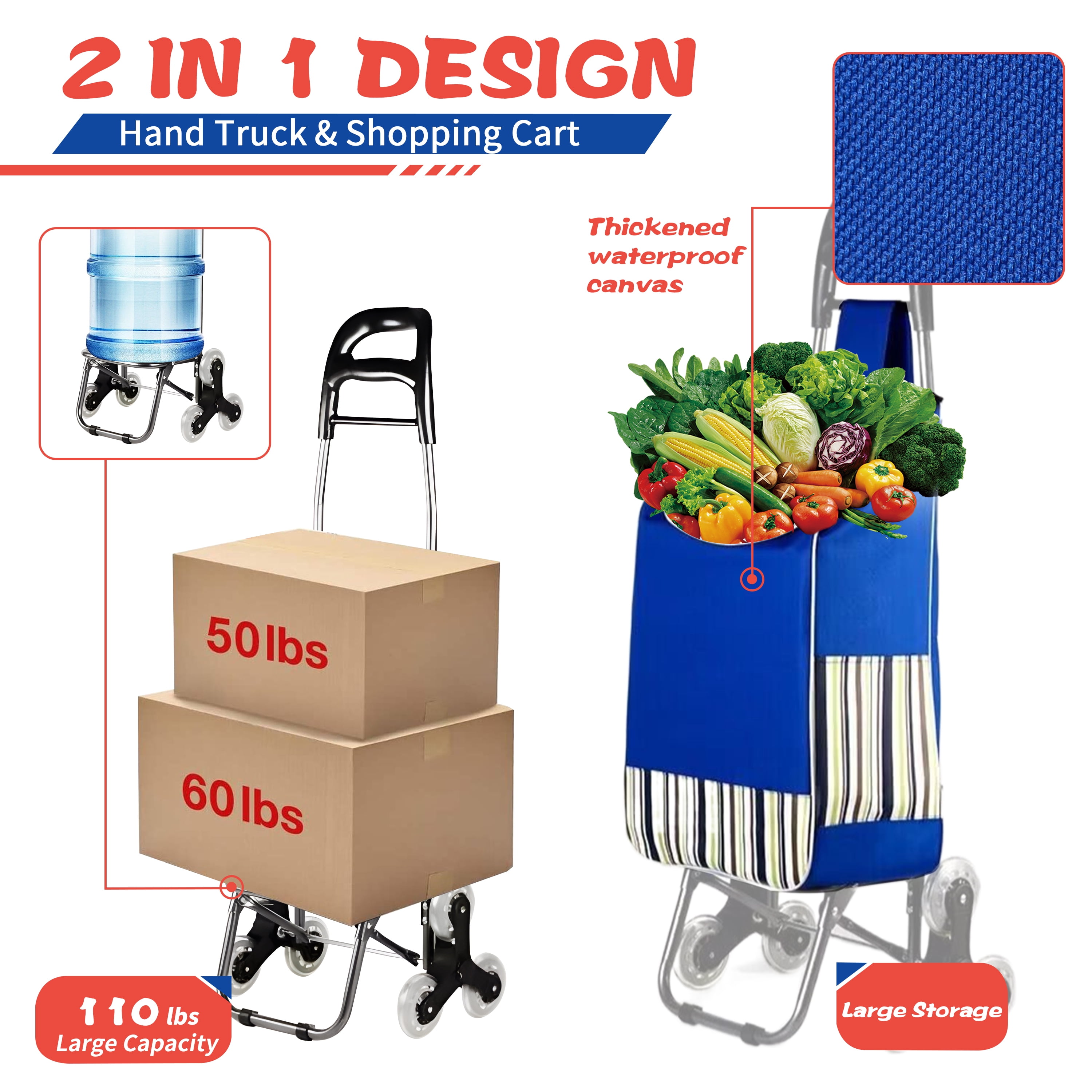 WZCPCV Foldable Stairs Climber Shopping Cart, Grocery Cart on Wheels,Heavy Duty Utility Cart Trolley, 2-in-1 Tri-Wheels Climbing Carts with Detachable Oxford Bag,Blue