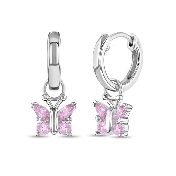 925 Sterling Silver Girls Pink Cubic Zirconia Butterfly Dangle Hoop Earrings