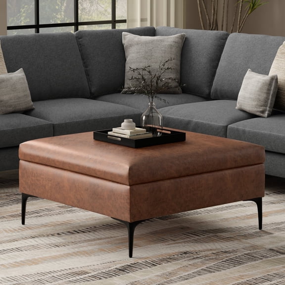 Rebecca 36 inch Wide Contemporary Square Mid Century Coffee Table Storage Ottoman with Lift Up Lid in Distressed Saddle Brown Vegan Faux Leather, Assembled