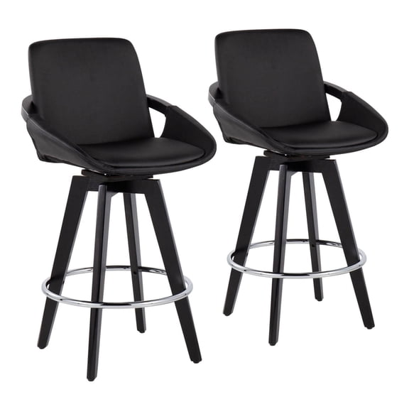 Cosmo Contemporary Fixed-Height Counter Stool With Swivel In Black Wood With Round Chrome Metal Footrest - Set Of 2