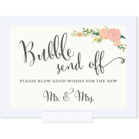Wedding Framed Party Signs, Floral Roses, 5x7-inch, Bubble Send Off Please Blow Good Wishes for the Mr. & Mrs. Sign, 1-Pack, Includes Frame