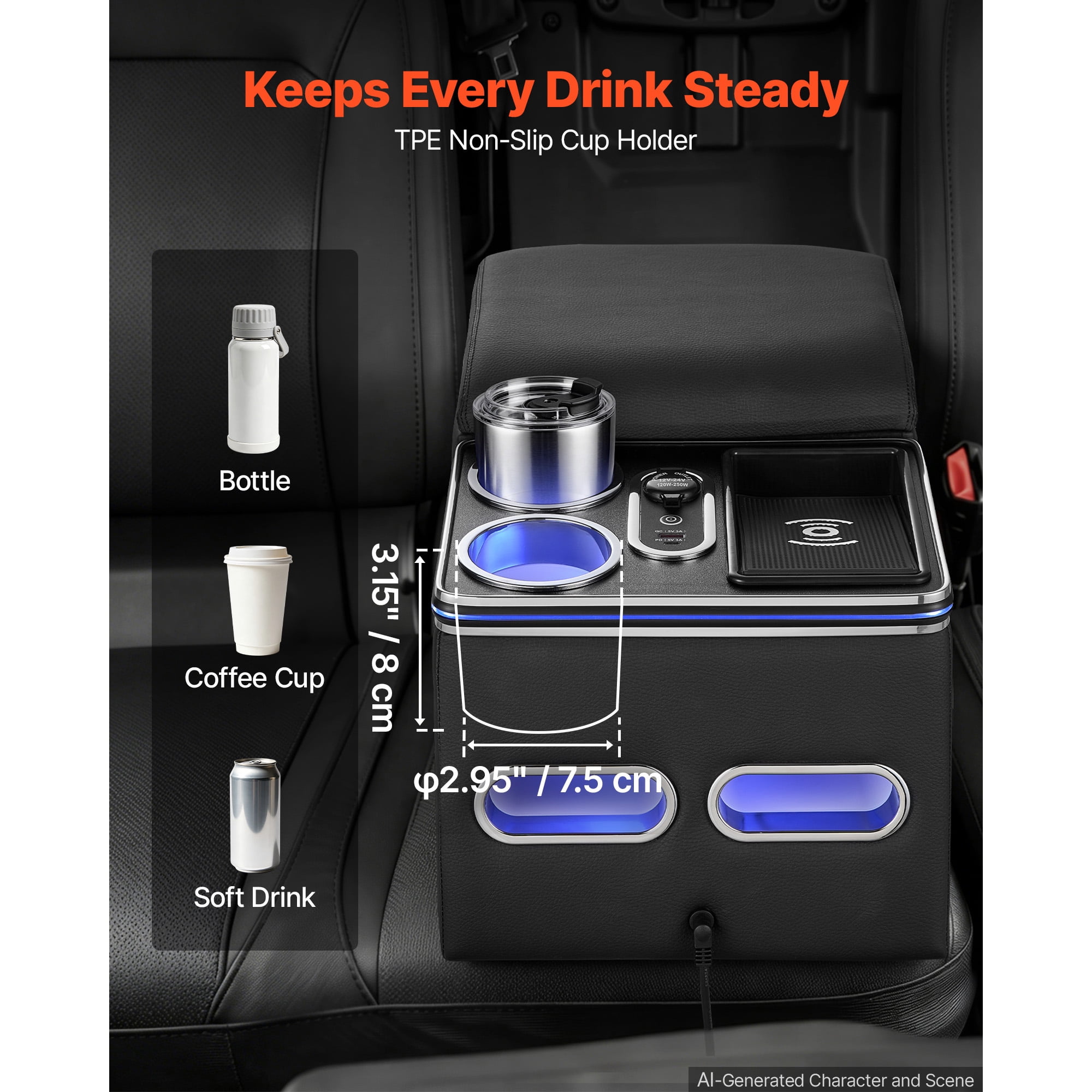 KFFKFF Universal Rear Bench Seat Center Console with Multi-Color Ambient Lighting, Wireless/USB/Cigarette Lighter Charging, Back Seat Organizer with Cup and Phone Holders for MPV, Sedan, SUV
