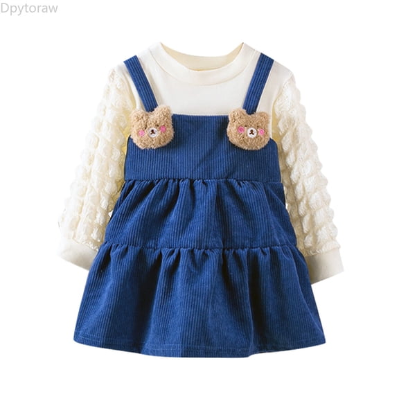 Dpytoraw Toddler Kids Baby Girls Long Sleeve Soild Bear Casual Princess Dress Girls Dresses Size 100/XL