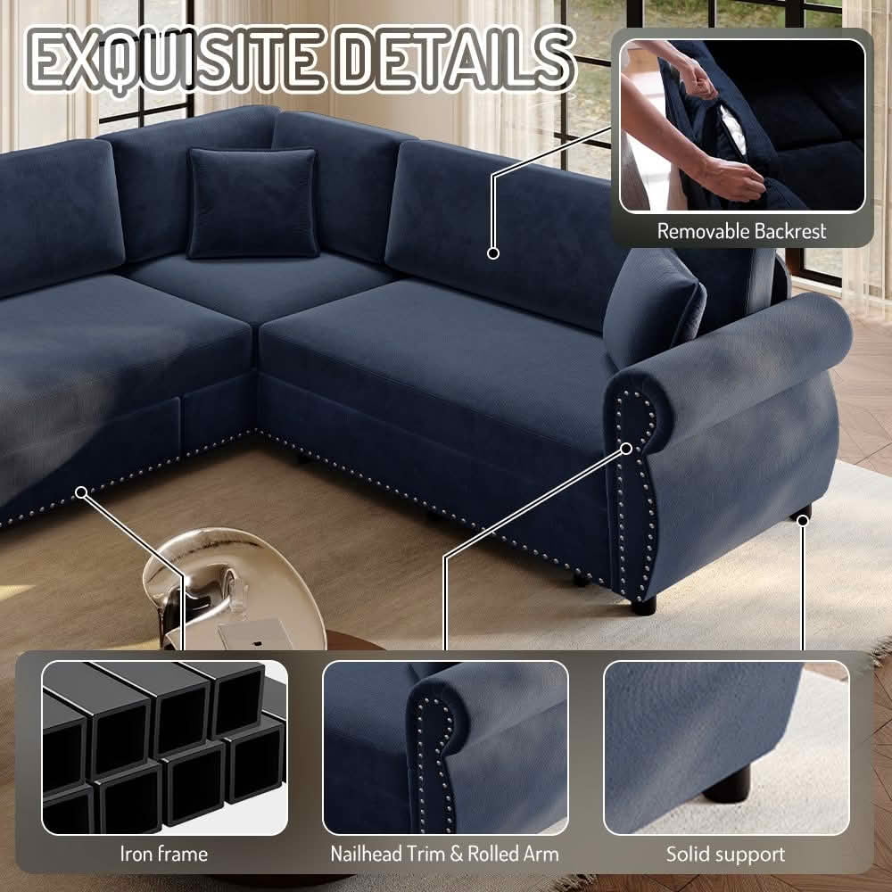 MAYEERTY 88.2" L‑Shaped Convertible Pull‑Out Sofa Bed, Chenille Sectional Couch with Nailhead Trim & Rolled Arms, Multifunctional Sleeper Sofa