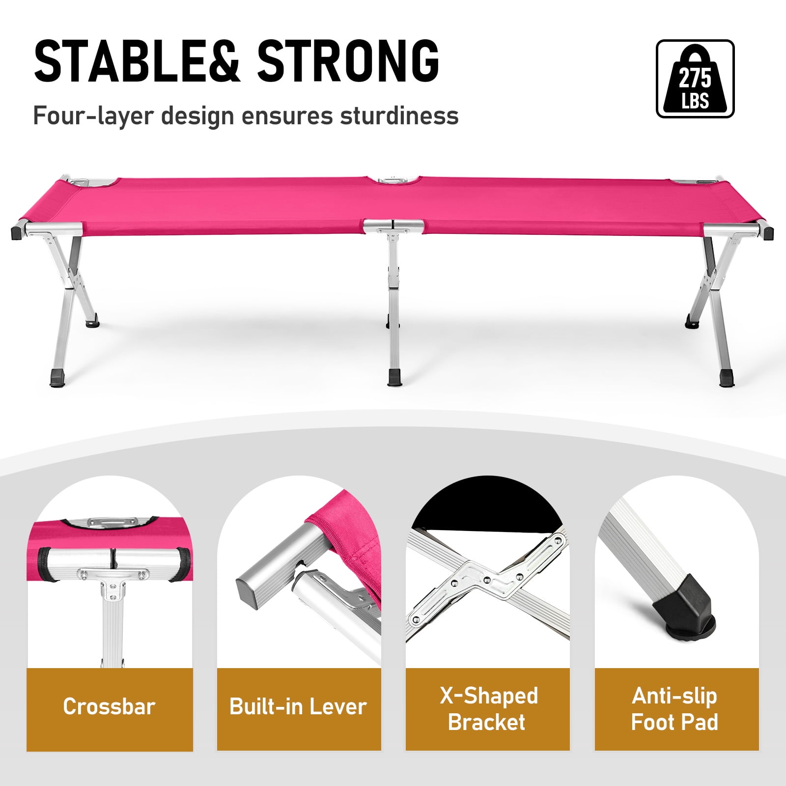 Portable Folding Camping Cot, Premium Aluminum Tube Oxford Fabric Cot, Lightweight Space Saving Cot with Carrying Bag, Pink Camping Cot for Outdoor Camping Activities
