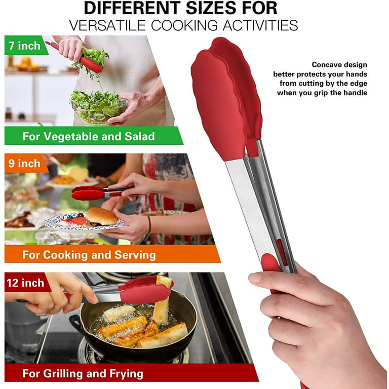 RED Kitchen Tongs for Cooking with Silicone Tips Stainless Steel