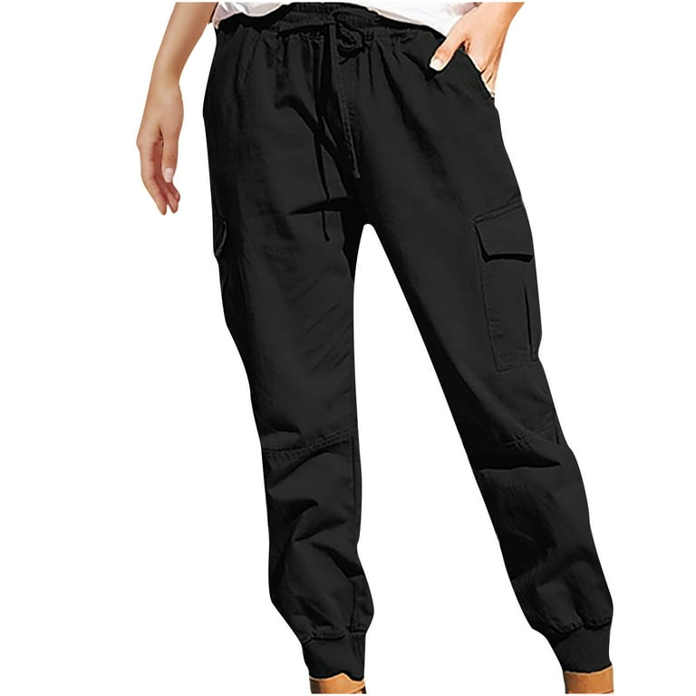 Aueoeo Cargo Pants Women Baggy, Gym Pants for Women Women's Fashion Casual  Solid Elastic Waist Trousers Long Straight Pants