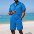 thumbnail image 2 of Men Mesh 2 Piece Outfits See Through Casual Shirts and Shorts Hollow Out Mid Shorts Set Royal Blue XXXL, 2 of 9