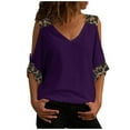 thumbnail image 2 of LoyisViDion Womans Shirts Clearance Women Casual Leopard Print Blouse Short Sleeve V-Neck Cold Shoulder Shirt Blouse Tops Purple S, 2 of 6