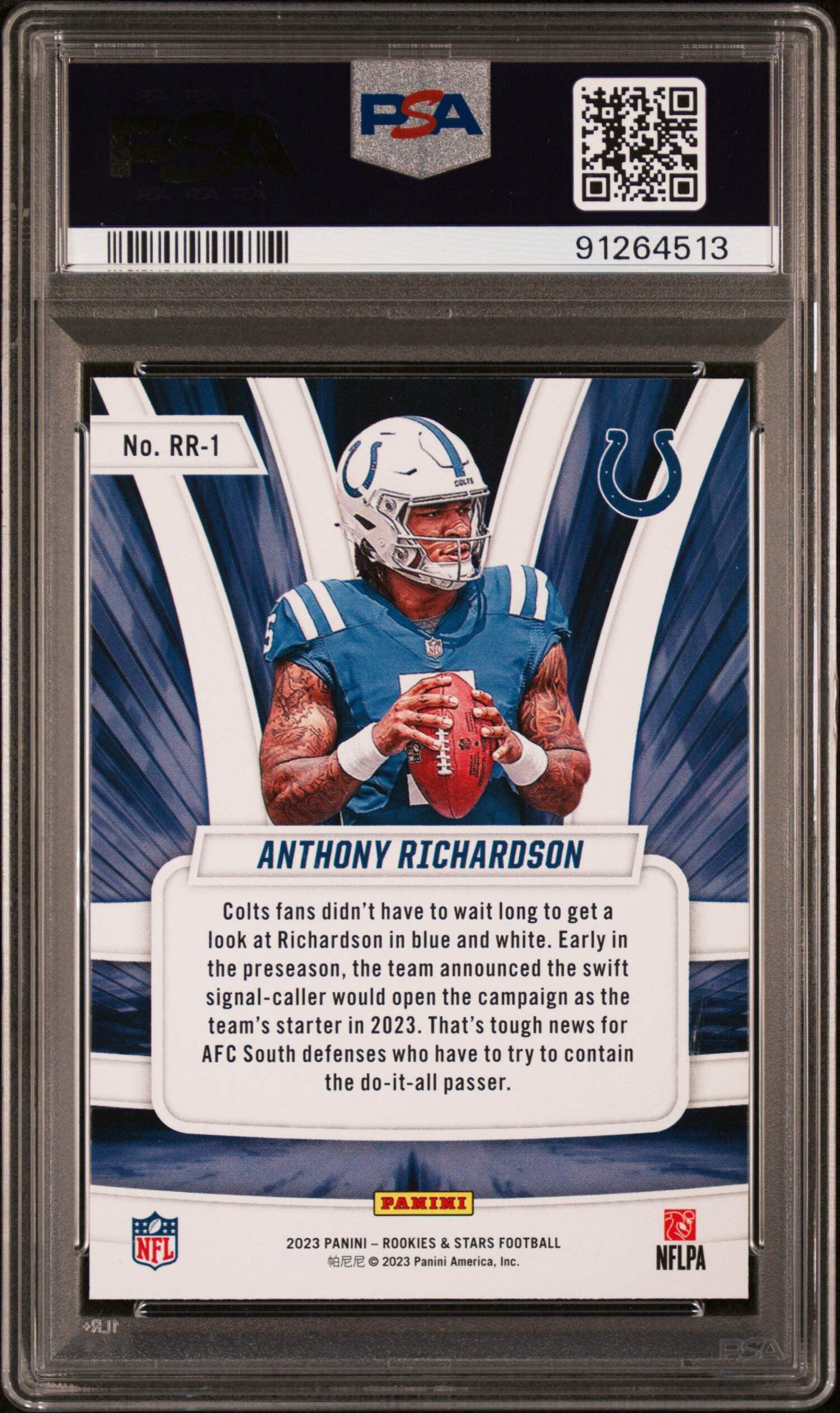 Graded 2023 Panini Rookies  Stars Anthony Richardson #RR1 Rookie Rush Rookie RC Football Card PSA 10 Gem Mint