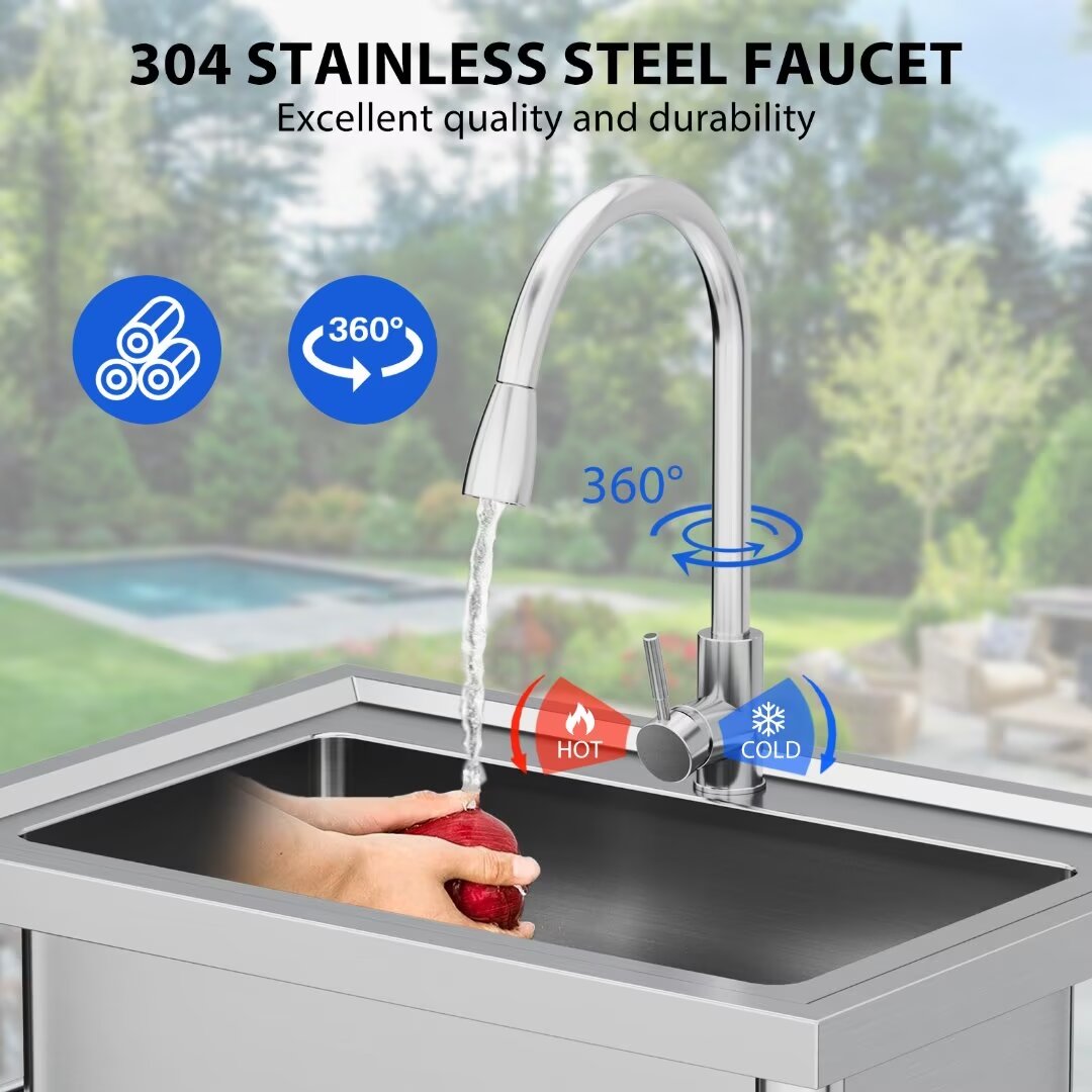 Kitchen Sink Utility Sink Commercial Stainless Steel Freestanding Sink w/Faucet, Hot & Cold Hoses, Single Bowl, NSF Certificated, for Restaurant, Laundry, Garage, Workshop Sink