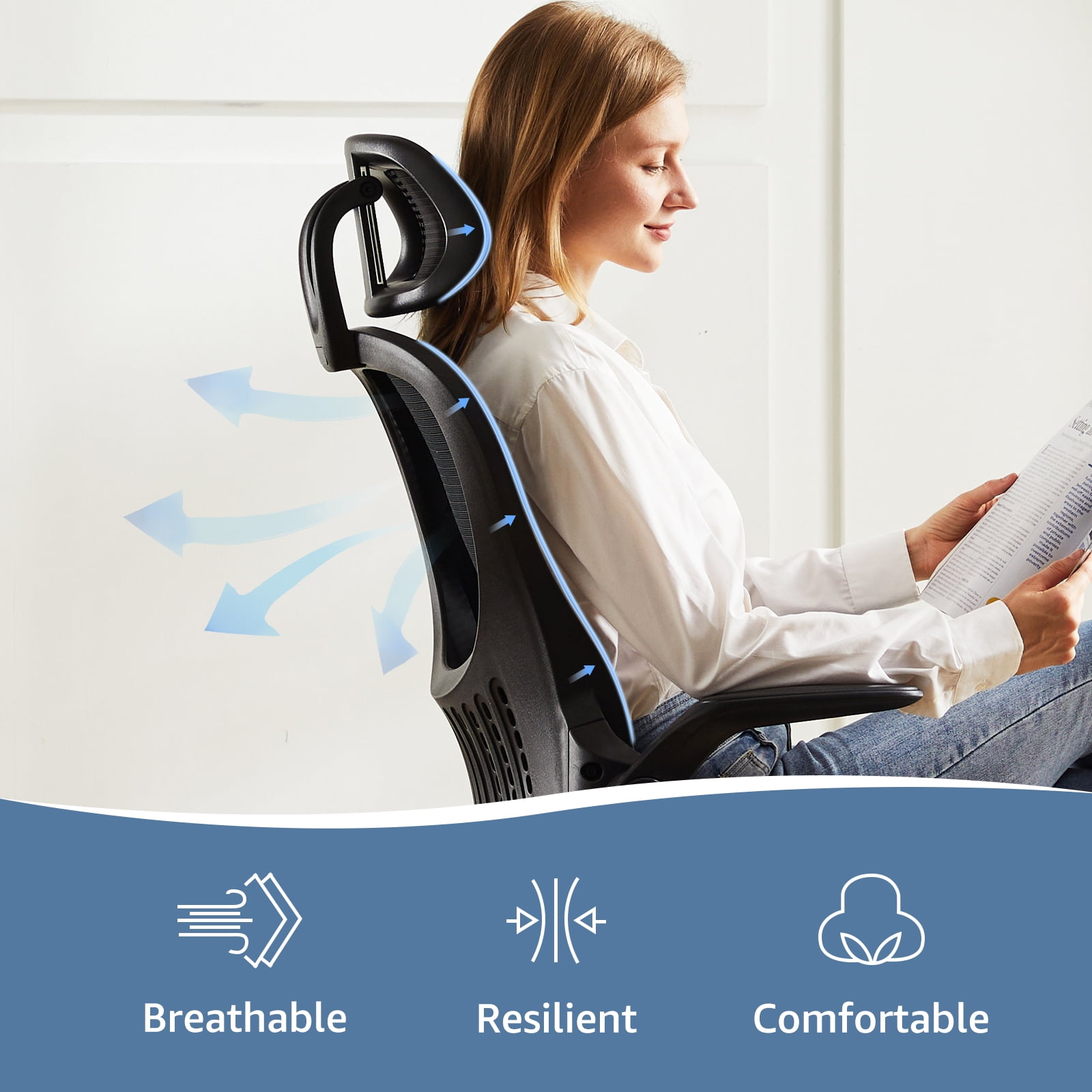 CONCETTA Office Desk Chair, Ergonomic High Back Mesh Chair with Headrest and Flip-up Armrest, Black