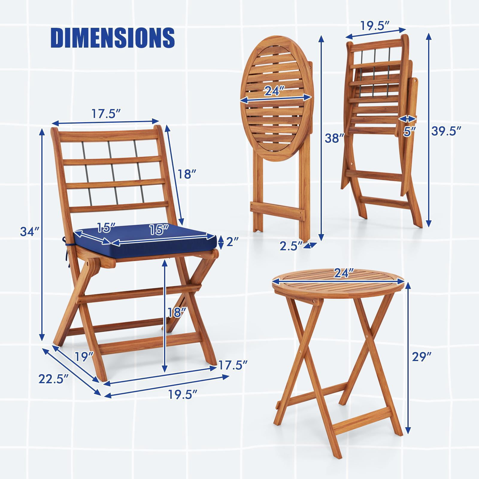 Hommoo 3 Pcs Acacia Wood Patio Bistro Set, Outdoor Folding Table and Chair Set with Navy Cushions