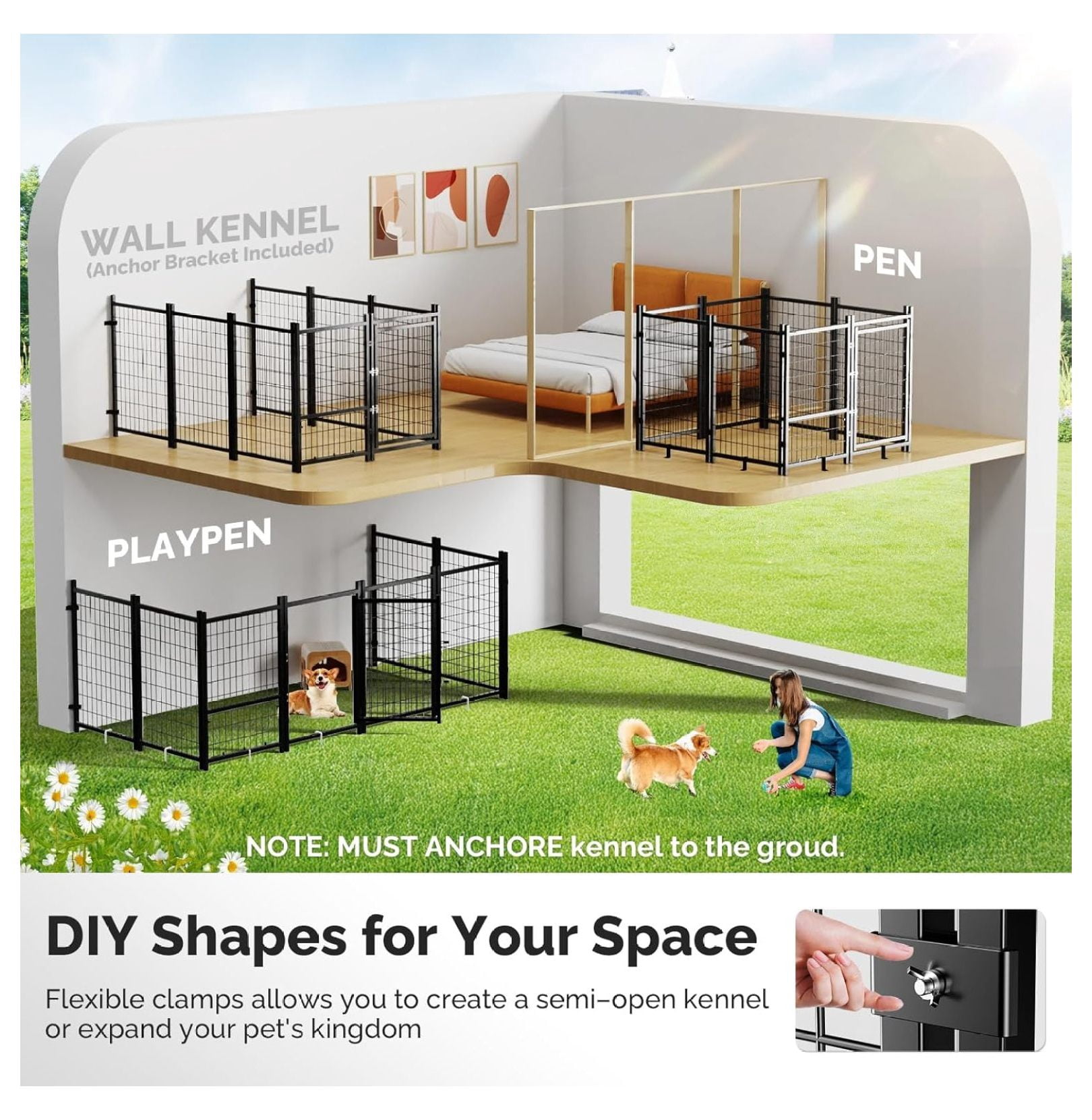 Outdoor Dog Kennel Outside Run with Doggy Door&Waterproof Roof - 4x4x4.6FT Large Dog Kennels Pens Outside for Small/Medium Dogs - Heavy Duty Cage Yard (Can Connect to Your Dog House)