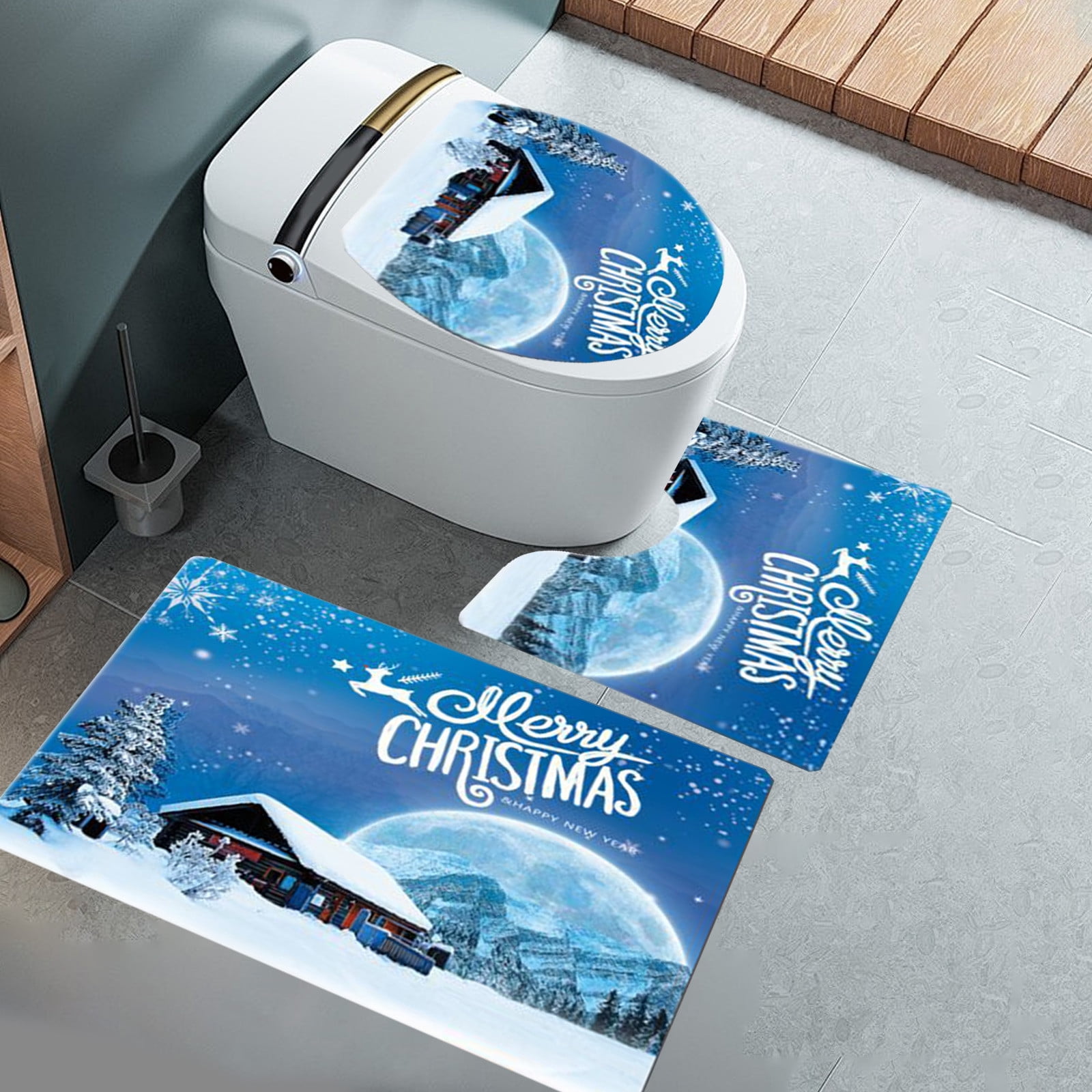 Tapis De Noël Pour Salle De Bains - Set Siège De Toilettes Et Sol Antidérapant - Déco Fêtes D'hiver Festives - 9
